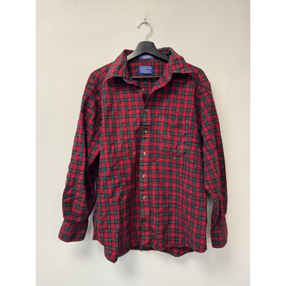 Vintage‎ Pendleton Shirt Medium Red Green Plaid Wool Flannel Button Front 90s